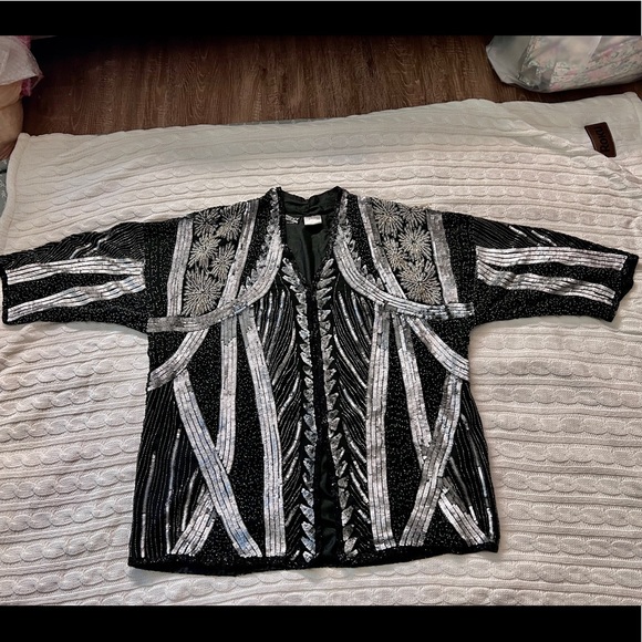 Vintage handmade Silver Beaded Sequined Duster Coat Long Jacket - Picture 6 of 16